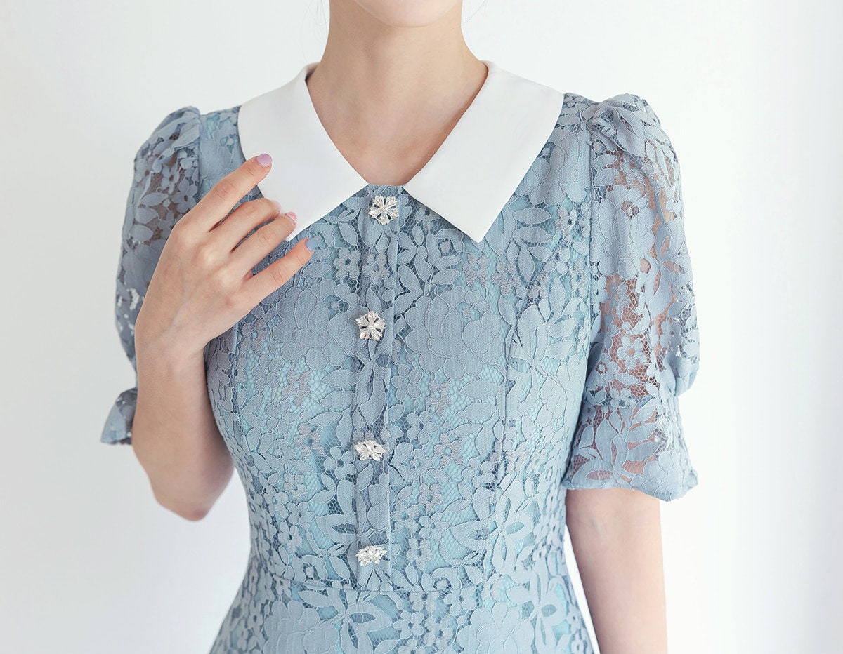 Elegant Classic Short Sleeve Lace Dress for Summer / Korean Style Feminine Lace Midi Dress