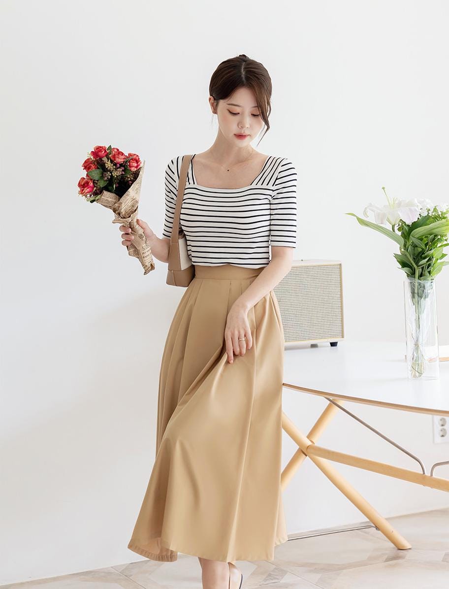 Elegant Feminin Elastic Waist Band Flare Skirt / Korean Style Party Dress Skirt / Spring Fall Daily Dressy Midi Skirt