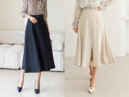 Elegant Feminin Front Slit Semi-Flare Skirt with Belt / Korean Style Spring Fall Daily Dressy Midi Skirt / Clasic Simple Flare Skirt