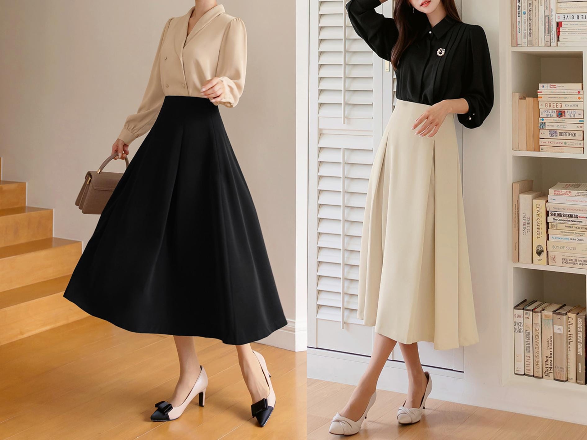 Elegant Feminin Pin-tuck Flare Skirt / Korean Style Party Dress Skirt / Spring Fall Daily Dressy Midi Skirt / Clasic Simple Flare Skirt