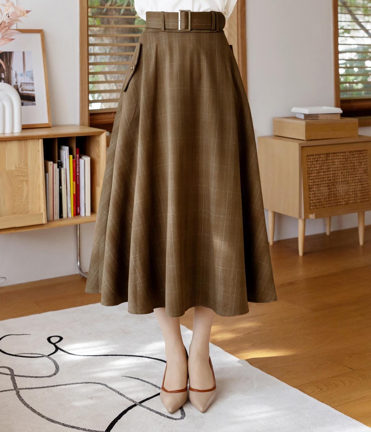 Elegant Feminin Check pattern Flare Skirt with Belt / Korean Style Party Dress Skirt / Clasic Simple Spring Fall Daily Dressy Midi Skirt