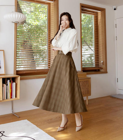 Elegant Feminin Check pattern Flare Skirt with Belt / Korean Style Party Dress Skirt / Clasic Simple Spring Fall Daily Dressy Midi Skirt