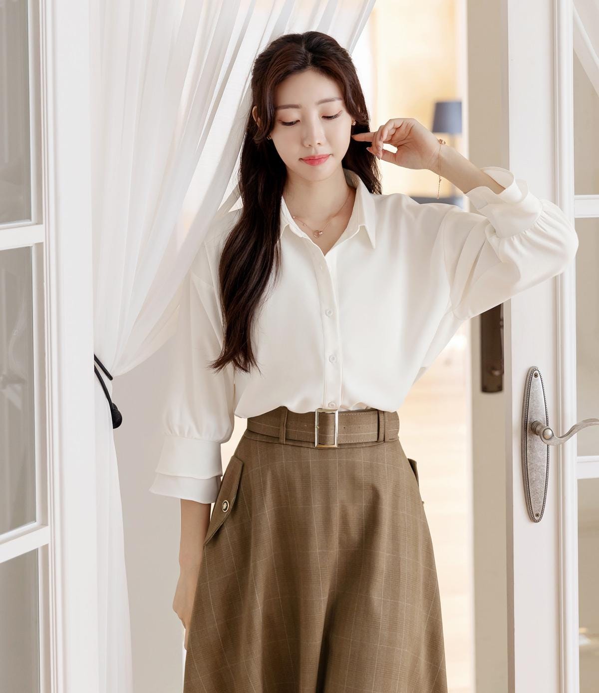 Elegant Feminin Check pattern Flare Skirt with Belt / Korean Style Party Dress Skirt / Clasic Simple Spring Fall Daily Dressy Midi Skirt