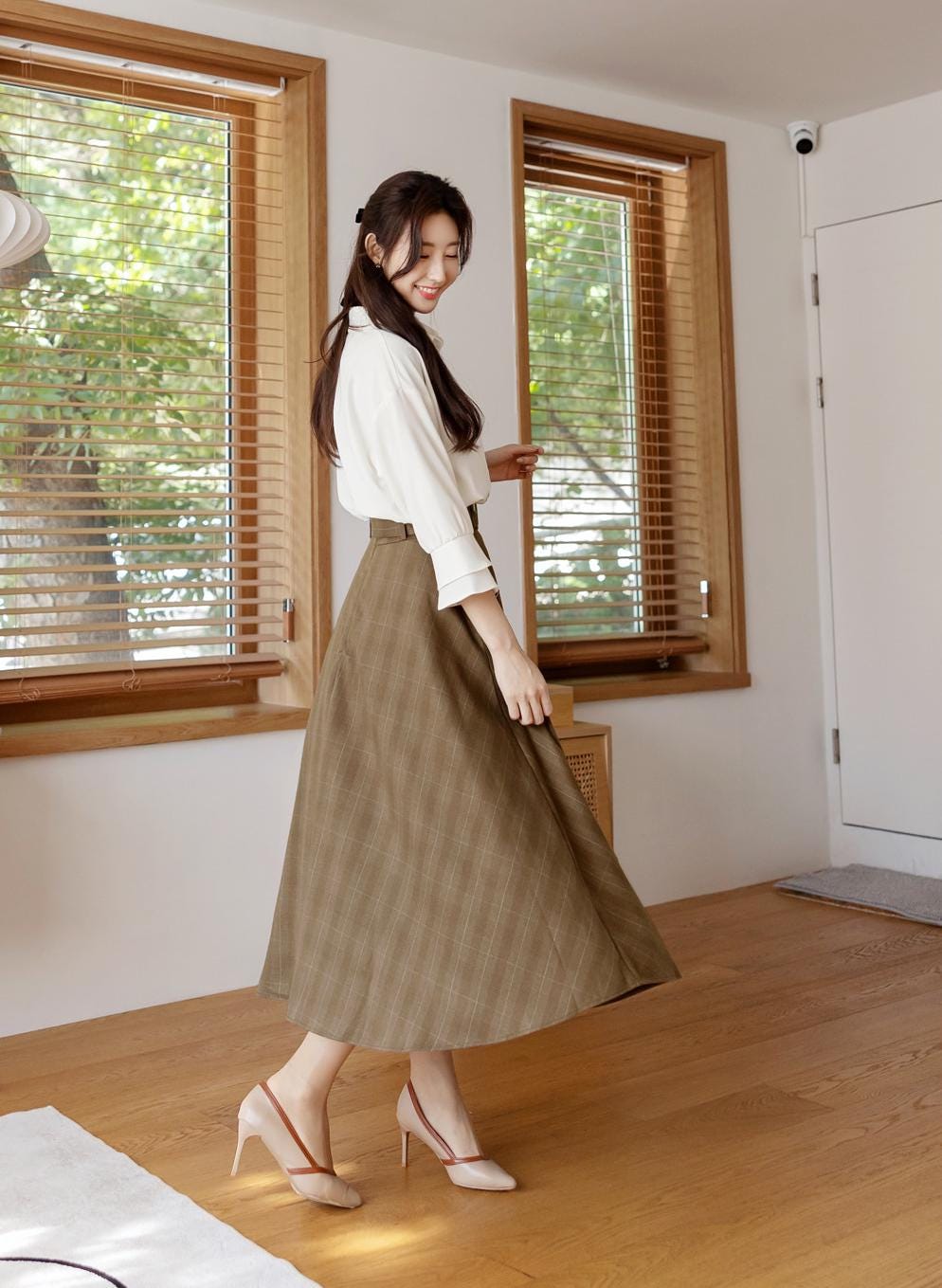 Elegant Feminin Check pattern Flare Skirt with Belt / Korean Style Party Dress Skirt / Clasic Simple Spring Fall Daily Dressy Midi Skirt