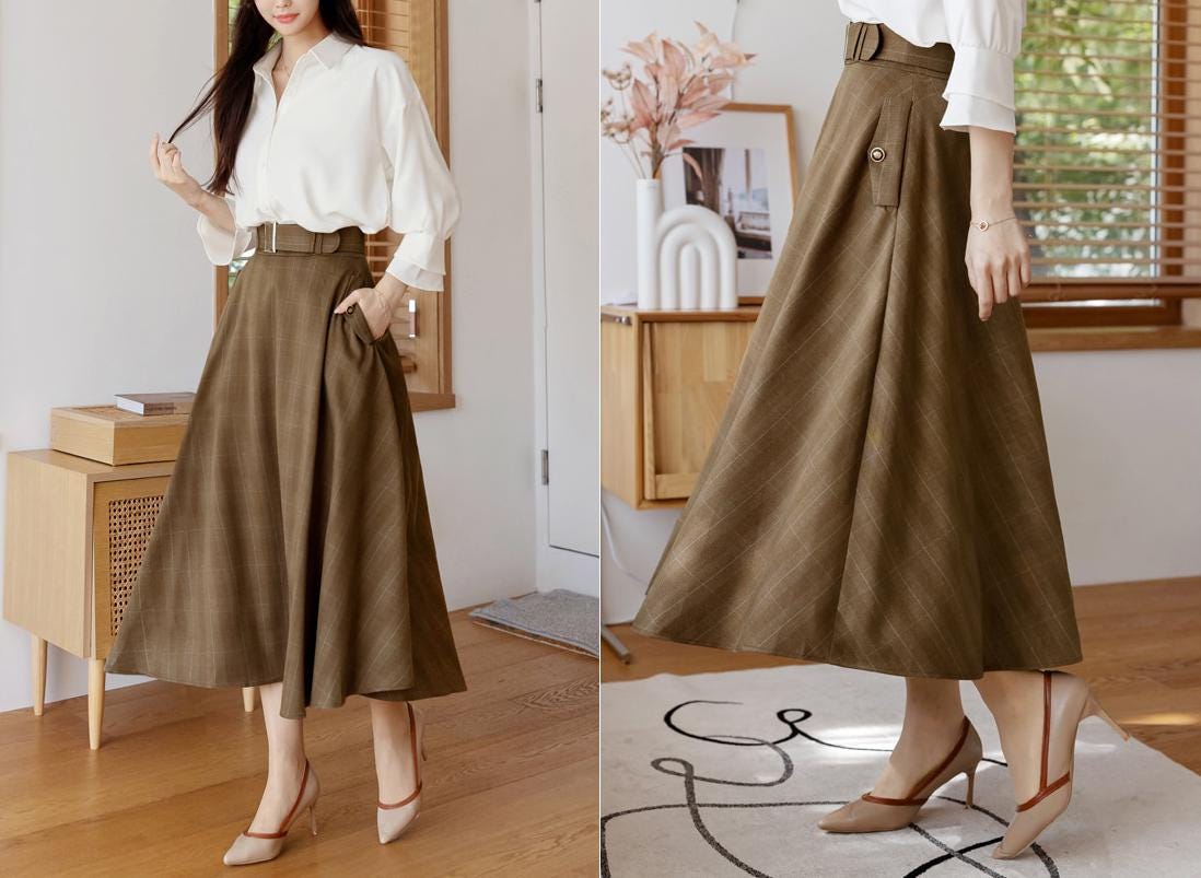 Elegant Feminin Check pattern Flare Skirt with Belt / Korean Style Party Dress Skirt / Clasic Simple Spring Fall Daily Dressy Midi Skirt