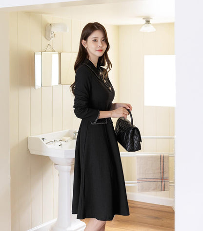 Elegant Tweed Flare Dress with Belt / Korean Style Classic Midi Dress / Luxury wear Elegant Dress in Black