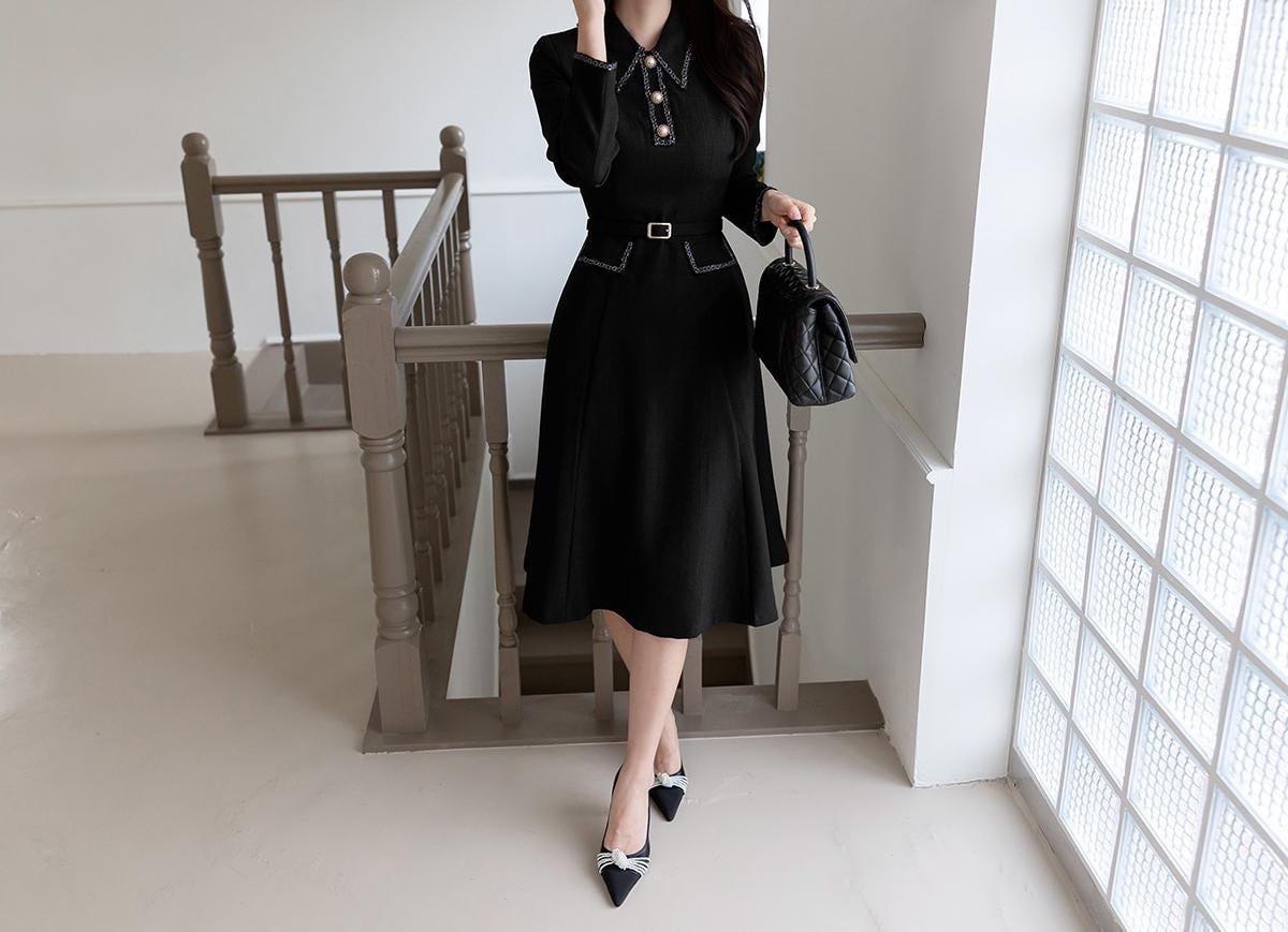 Elegant Tweed Flare Dress with Belt / Korean Style Classic Midi Dress / Luxury wear Elegant Dress in Black