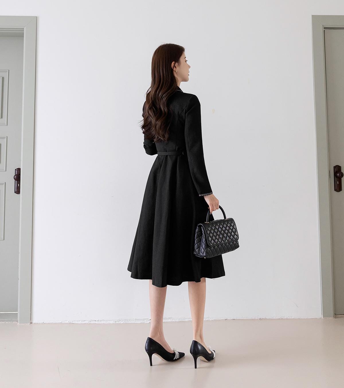 Elegant Tweed Flare Dress with Belt / Korean Style Classic Midi Dress / Luxury wear Elegant Dress in Black