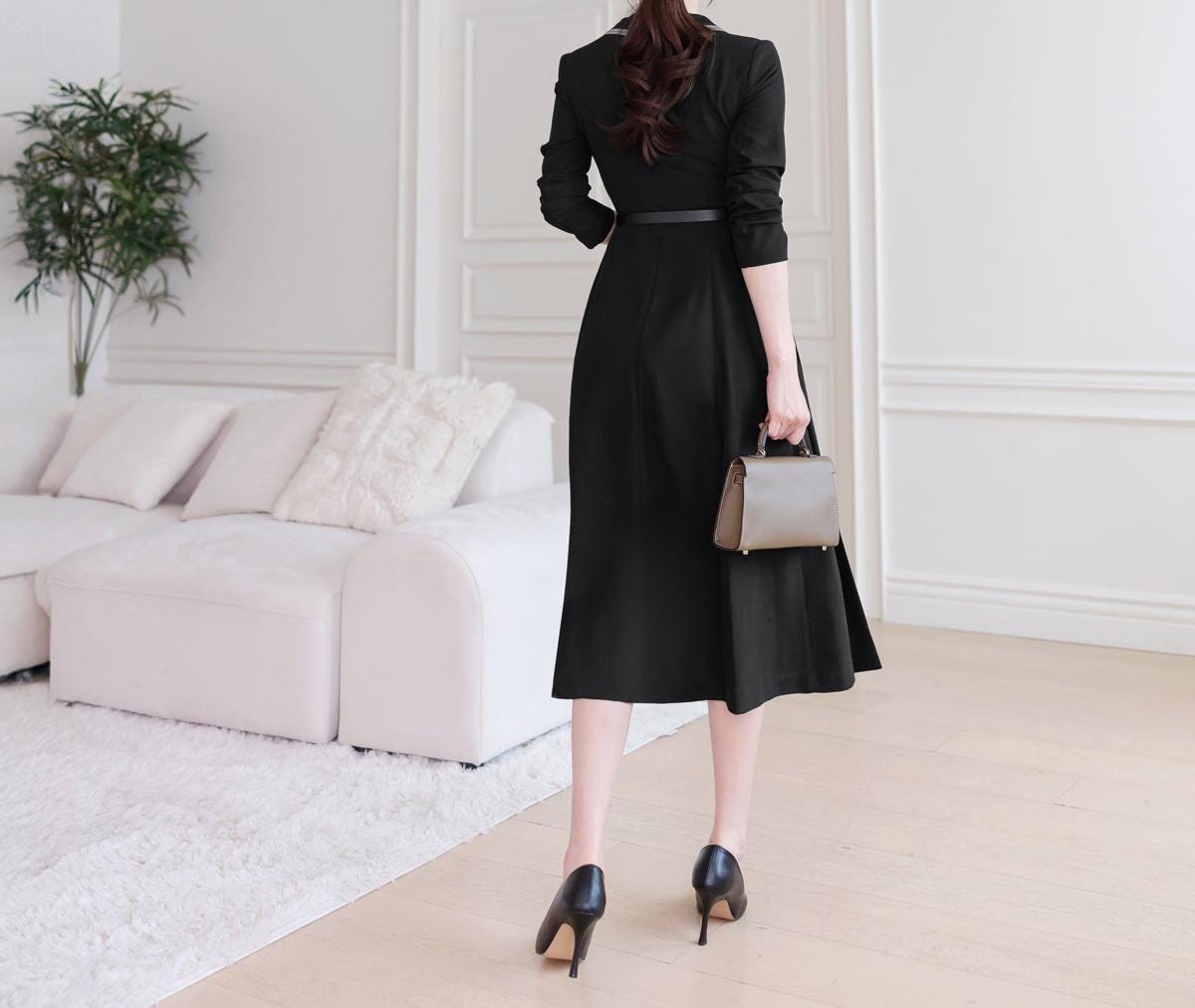 Classic Elegant Tailored collar Flare Dress with Belt / Korean Style Flare Dress / Luxury wear Elegant Dress