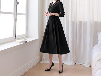 Classic Elegant Tailored collar Flare Dress with Belt / Korean Style Flare Dress / Luxury wear Elegant Dress