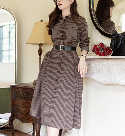 Korean Style Check Pattern Cozy flare Dress with Belt / Spring Fall Belted Shirt Dress / Elegant Feminin Midi Dress