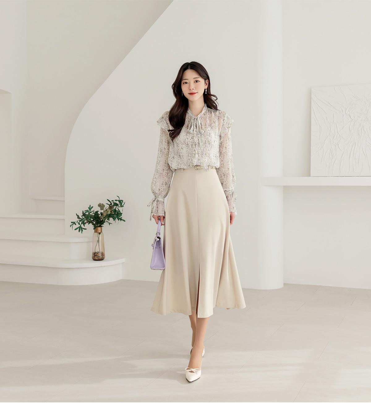 Elegant Feminin Front Slit Semi-Flare Skirt with Belt / Korean Style Spring Fall Daily Dressy Midi Skirt / Clasic Simple Flare Skirt