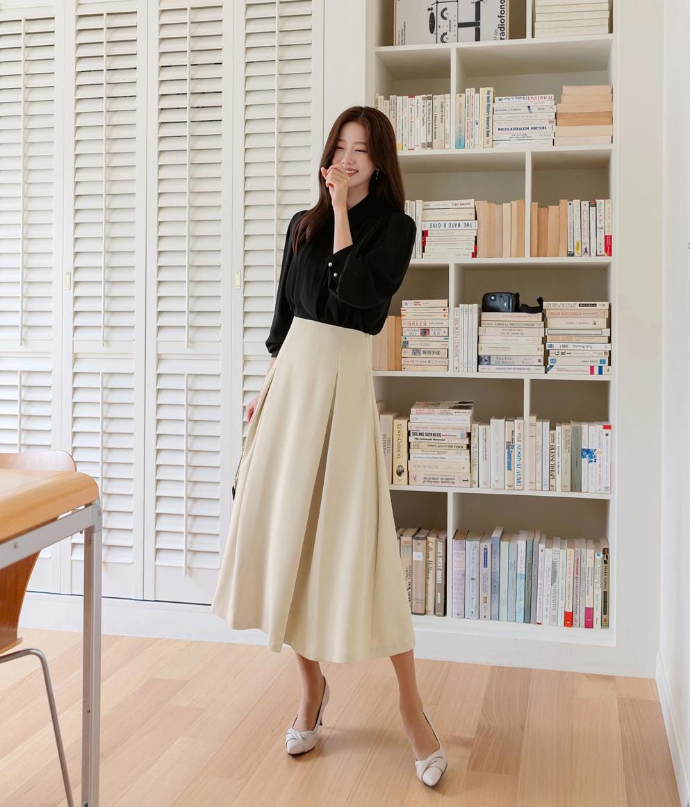 Elegant Feminin Pin-tuck Flare Skirt / Korean Style Party Dress Skirt / Spring Fall Daily Dressy Midi Skirt / Clasic Simple Flare Skirt