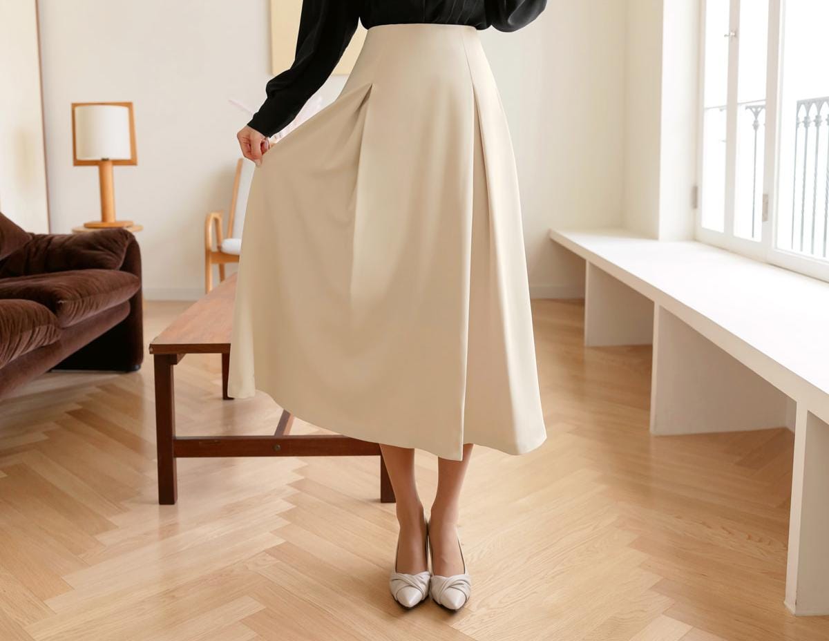 Elegant Feminin Pin-tuck Flare Skirt / Korean Style Party Dress Skirt / Spring Fall Daily Dressy Midi Skirt / Clasic Simple Flare Skirt