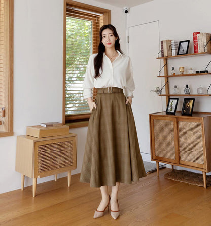 Elegant Feminin Check pattern Flare Skirt with Belt / Korean Style Party Dress Skirt / Clasic Simple Spring Fall Daily Dressy Midi Skirt