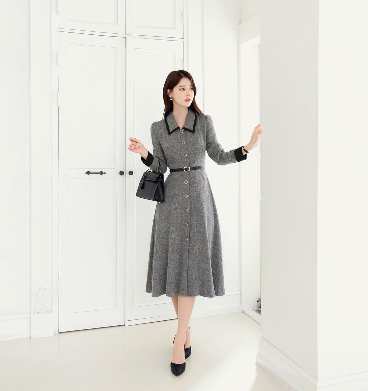 Elegant Feminin Tweed Dress with Belt / Korean Style Classic Midi Dress / Luxury wear Elegant Dress / Jacket Coat Style Dress