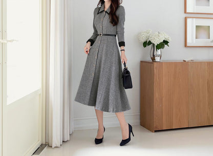 Elegant Feminin Tweed Dress with Belt / Korean Style Classic Midi Dress / Luxury wear Elegant Dress / Jacket Coat Style Dress