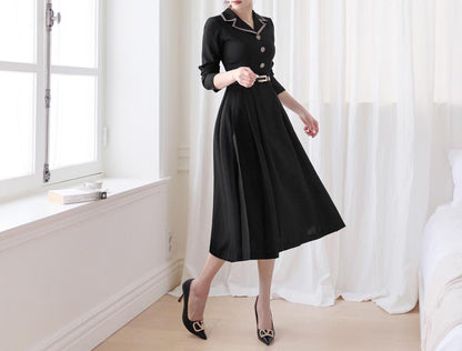 Classic Elegant Tailored collar Flare Dress with Belt / Korean Style Flare Dress / Luxury wear Elegant Dress