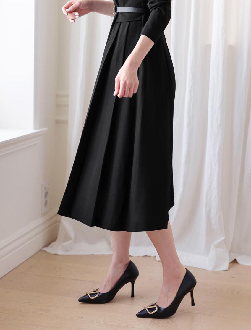 Classic Elegant Tailored collar Flare Dress with Belt / Korean Style Flare Dress / Luxury wear Elegant Dress