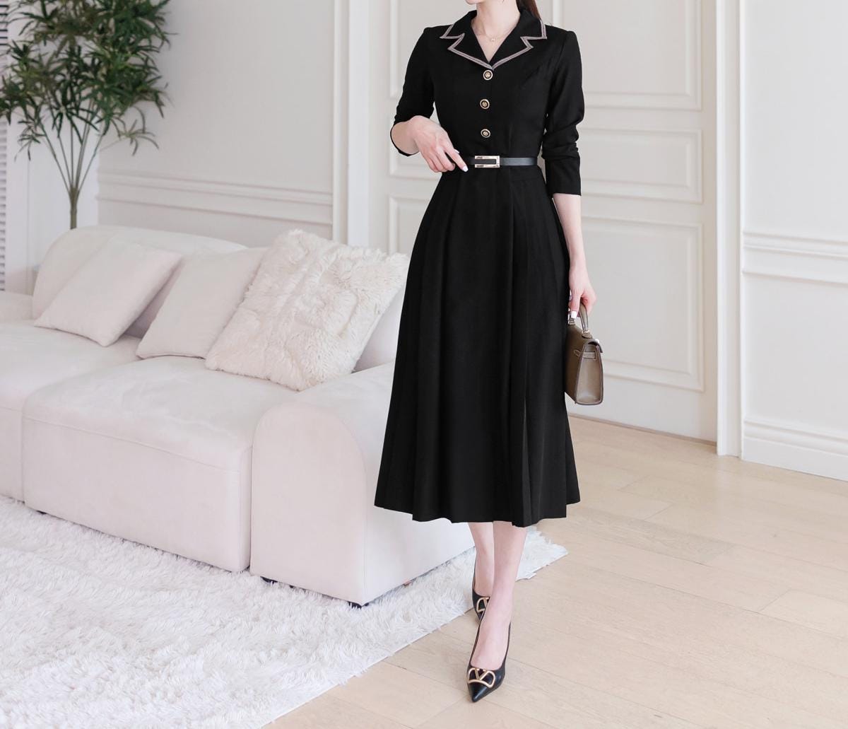 Classic Elegant Tailored collar Flare Dress with Belt / Korean Style Flare Dress / Luxury wear Elegant Dress