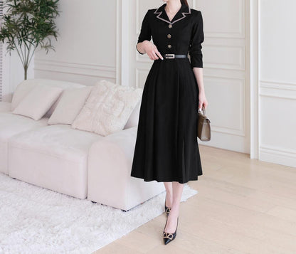 Classic Elegant Tailored collar Flare Dress with Belt / Korean Style Flare Dress / Luxury wear Elegant Dress