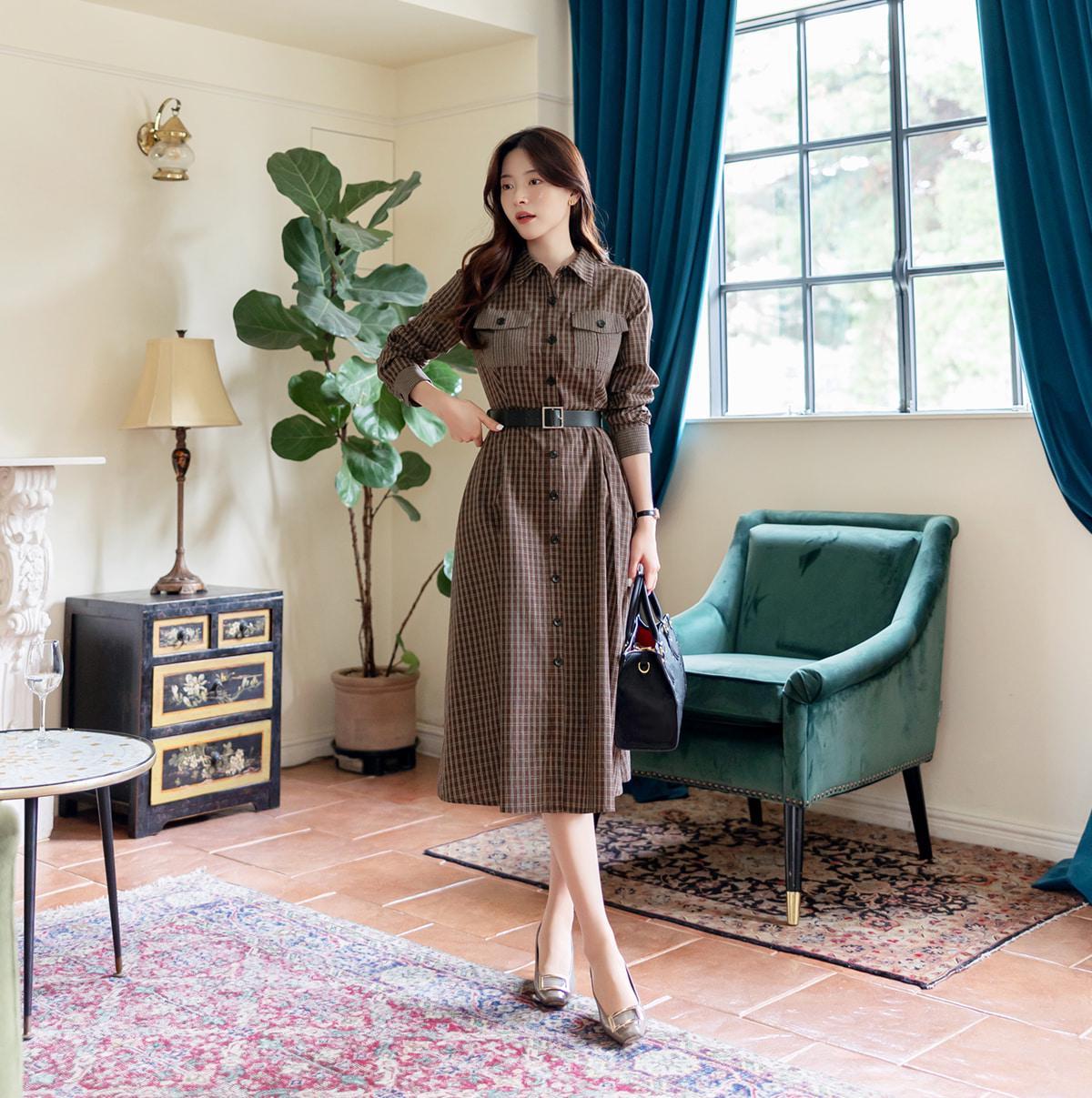 Korean Style Check Pattern Cozy flare Dress with Belt / Spring Fall Belted Shirt Dress / Elegant Feminin Midi Dress