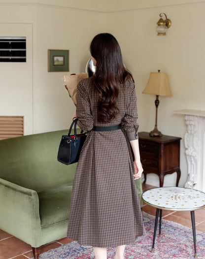 Korean Style Check Pattern Cozy flare Dress with Belt / Spring Fall Belted Shirt Dress / Elegant Feminin Midi Dress