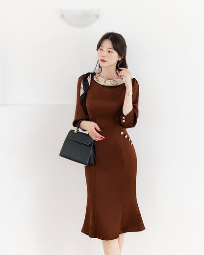 Elegant Feminin Boat Neck Mermaid Midi Dress / Korean Style Midi Dress / Clasic Simple Midi Dress for Women