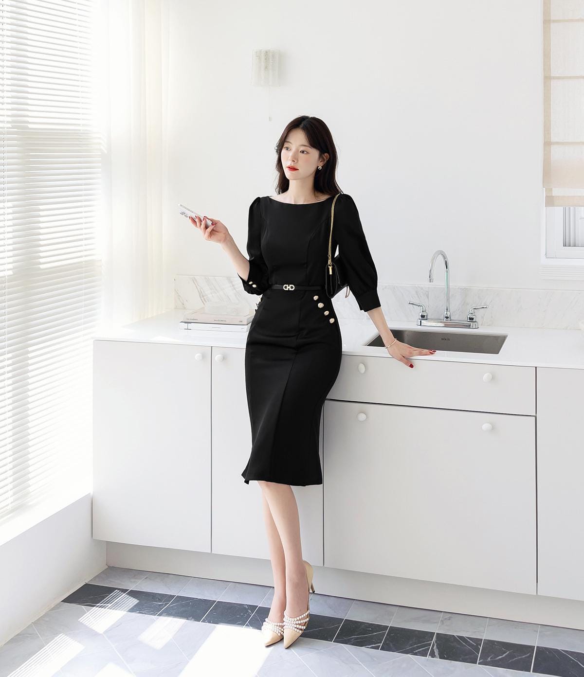 Elegant Feminin Boat Neck Mermaid Midi Dress / Korean Style Midi Dress / Clasic Simple Midi Dress for Women