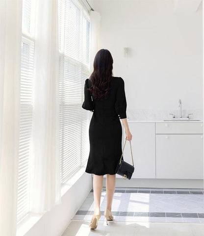 Elegant Feminin Boat Neck Mermaid Midi Dress / Korean Style Midi Dress / Clasic Simple Midi Dress for Women