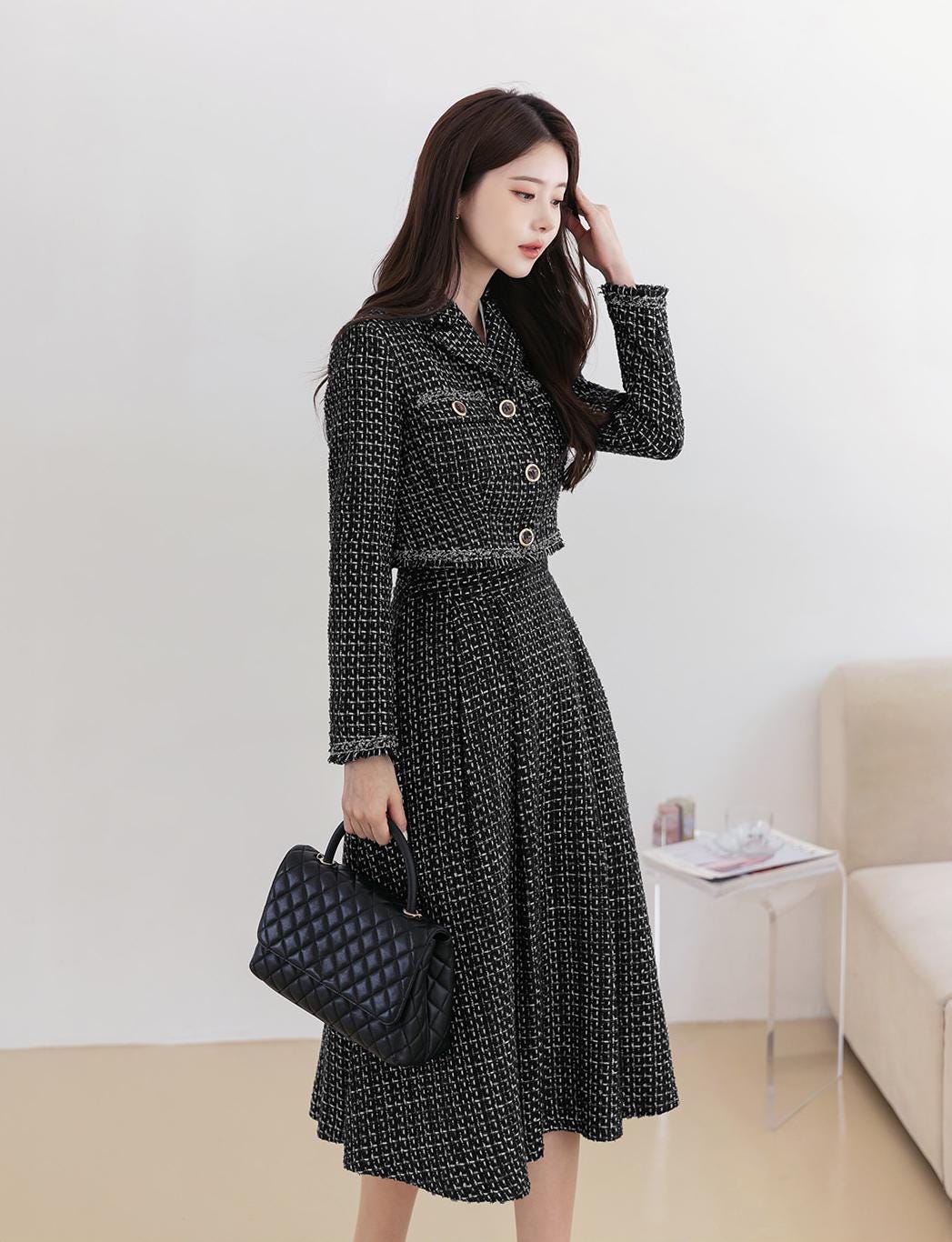 Elegant Feminin Tweed Pin Tuck Flare Skirt / Korean Style Office Look Set Up Skirt / Daily Skirt for Fall to Spring