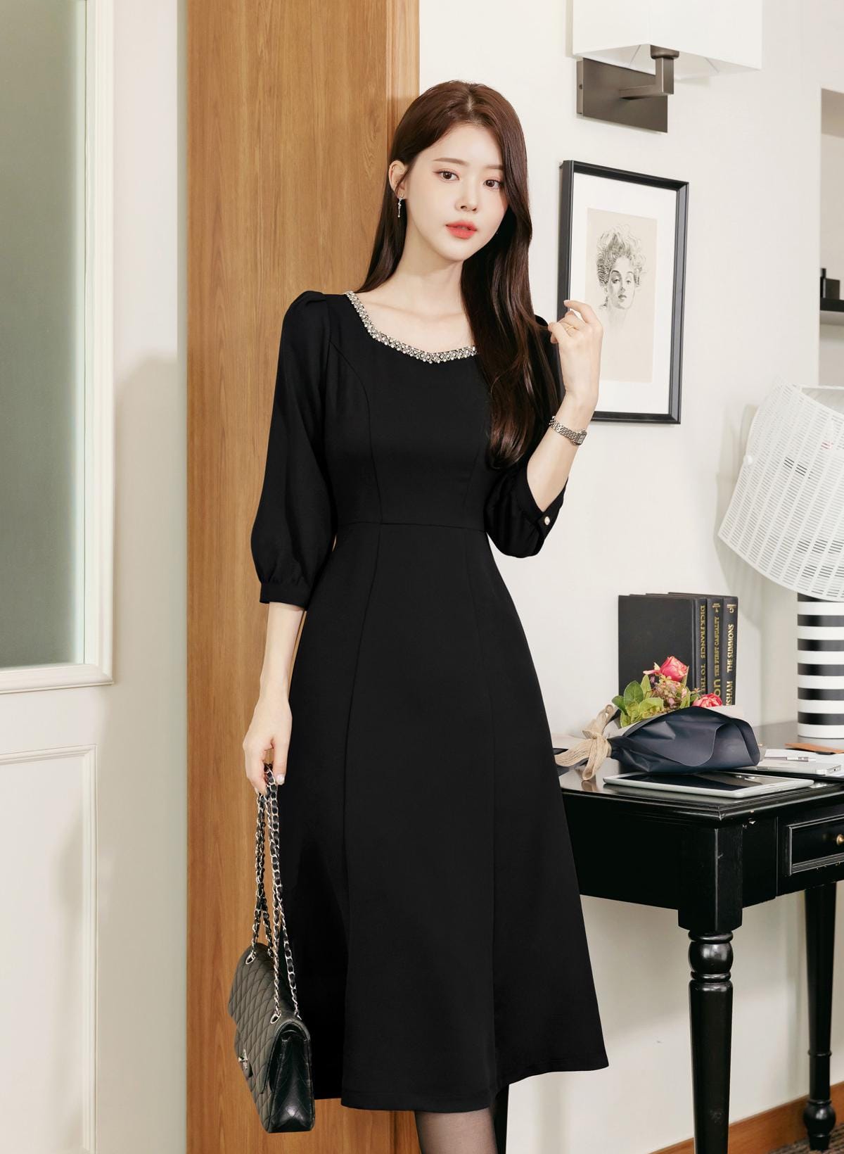 Elegant Square Neck Black Flare Dress / Korean Style Midi Dress / Clasic Simple Flare Dress