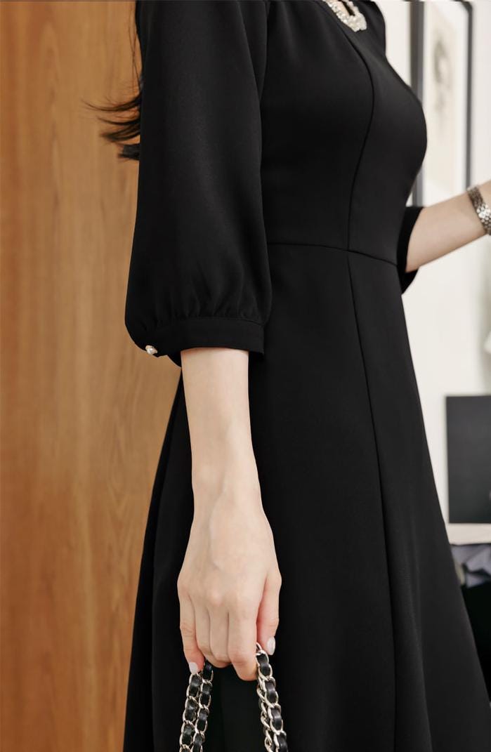 Elegant Square Neck Black Flare Dress / Korean Style Midi Dress / Clasic Simple Flare Dress