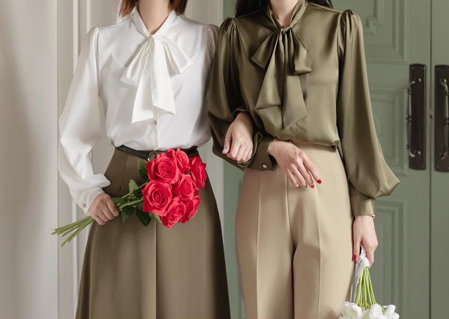 Elegant Feminin Satin Tie Blouse / Korean Style Tie Neck Blouse Top / Office Look Top / Everyday Soft Blouse