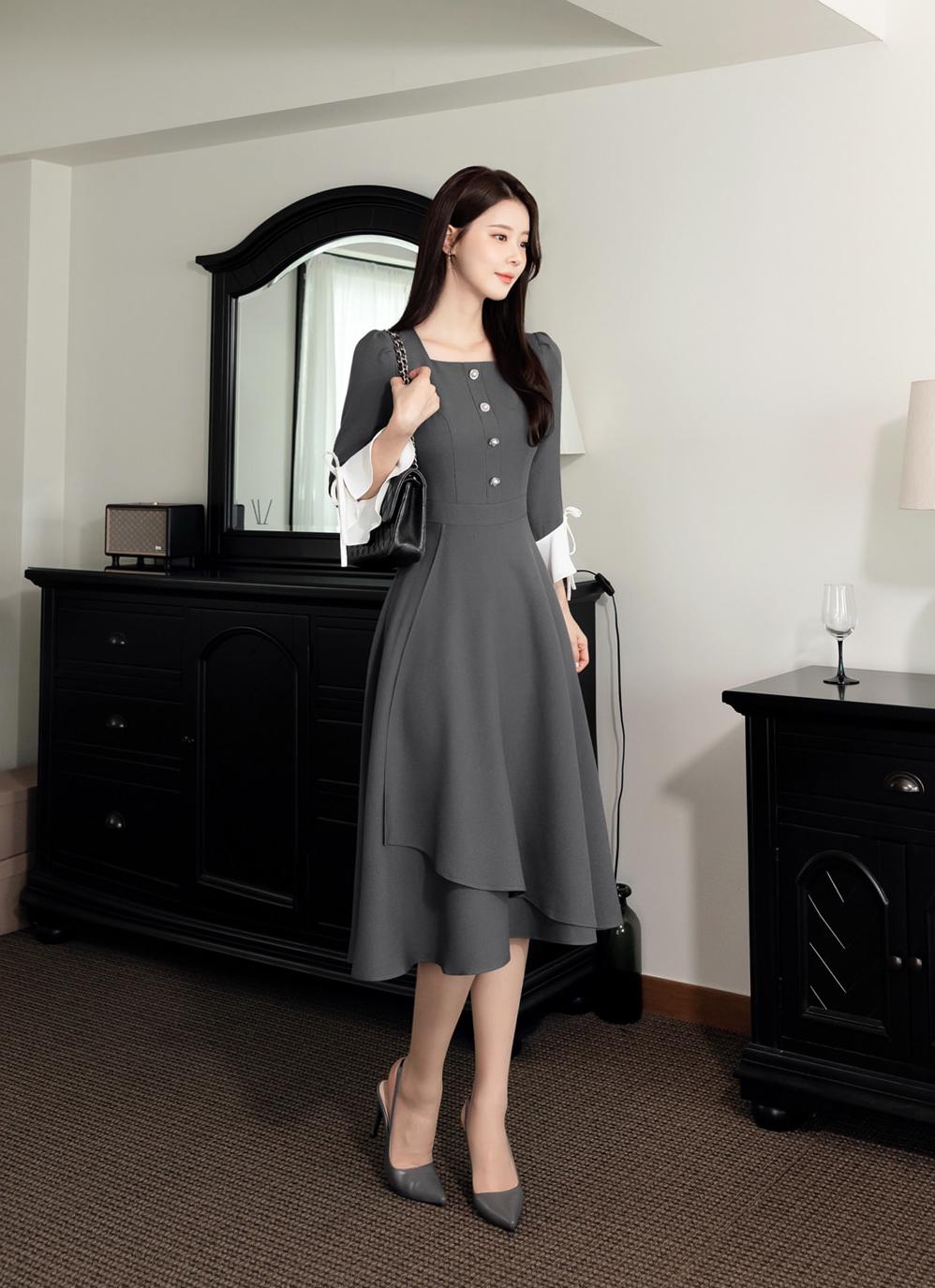 Elegant Cuff Points Square Neck Gray Flare Dress / Korean Style Midi Dress / Clasic Feminin Simple Flare Dress