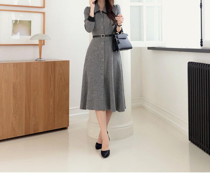 Elegant Feminin Tweed Dress with Belt / Korean Style Classic Midi Dress / Luxury wear Elegant Dress / Jacket Coat Style Dress