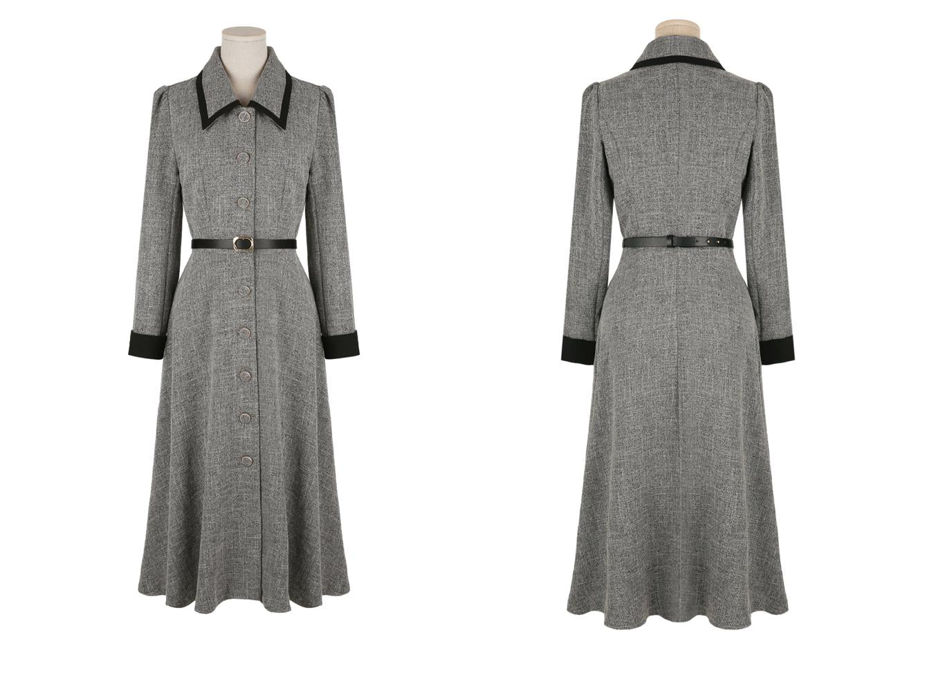 Elegant Feminin Tweed Dress with Belt / Korean Style Classic Midi Dress / Luxury wear Elegant Dress / Jacket Coat Style Dress