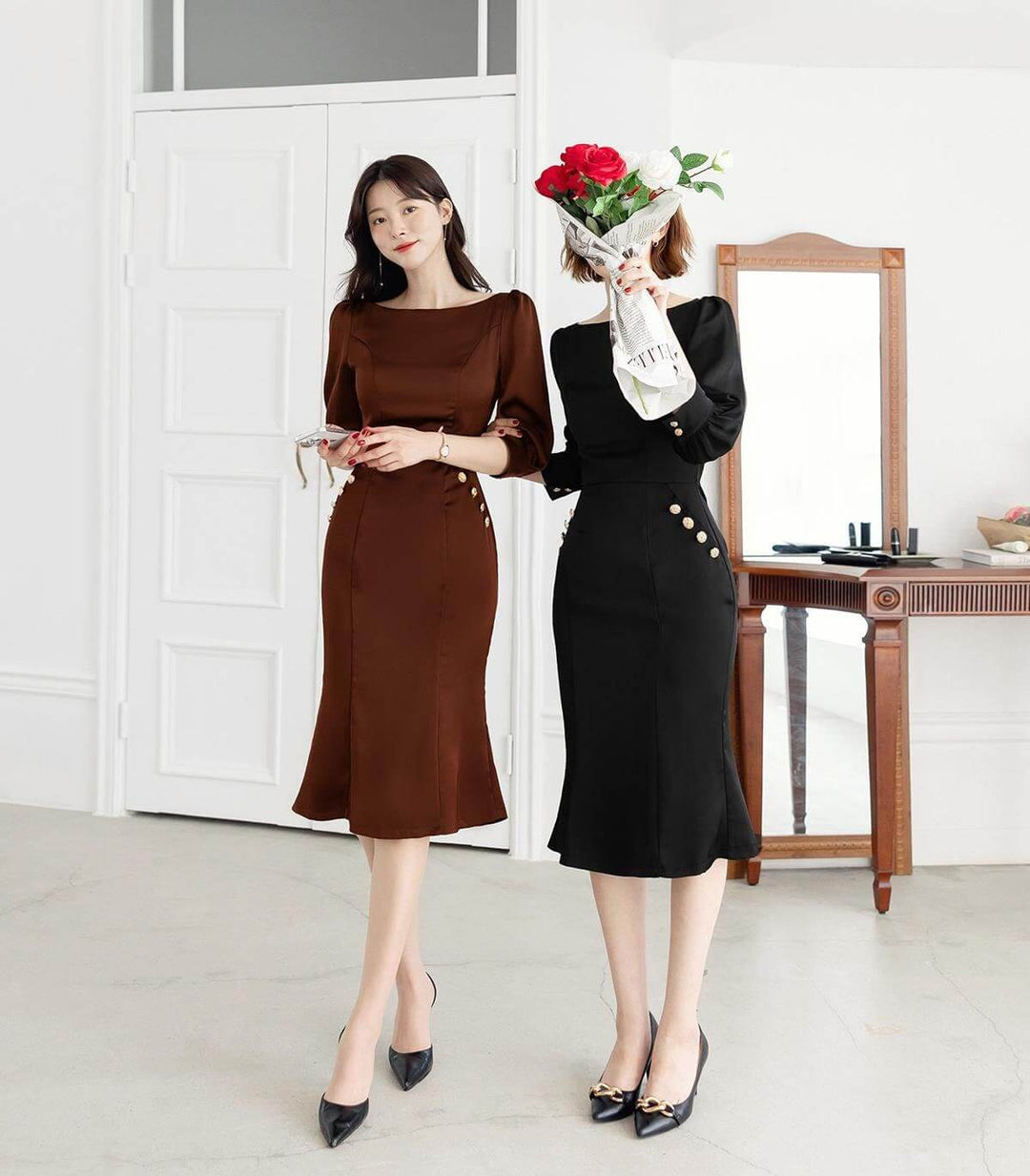korean style midi dress V Neck Floral Chiffon Long Dress / Long Sleeve Spring Summer Midi Dress / Korean Style Feminin Midi Dress
