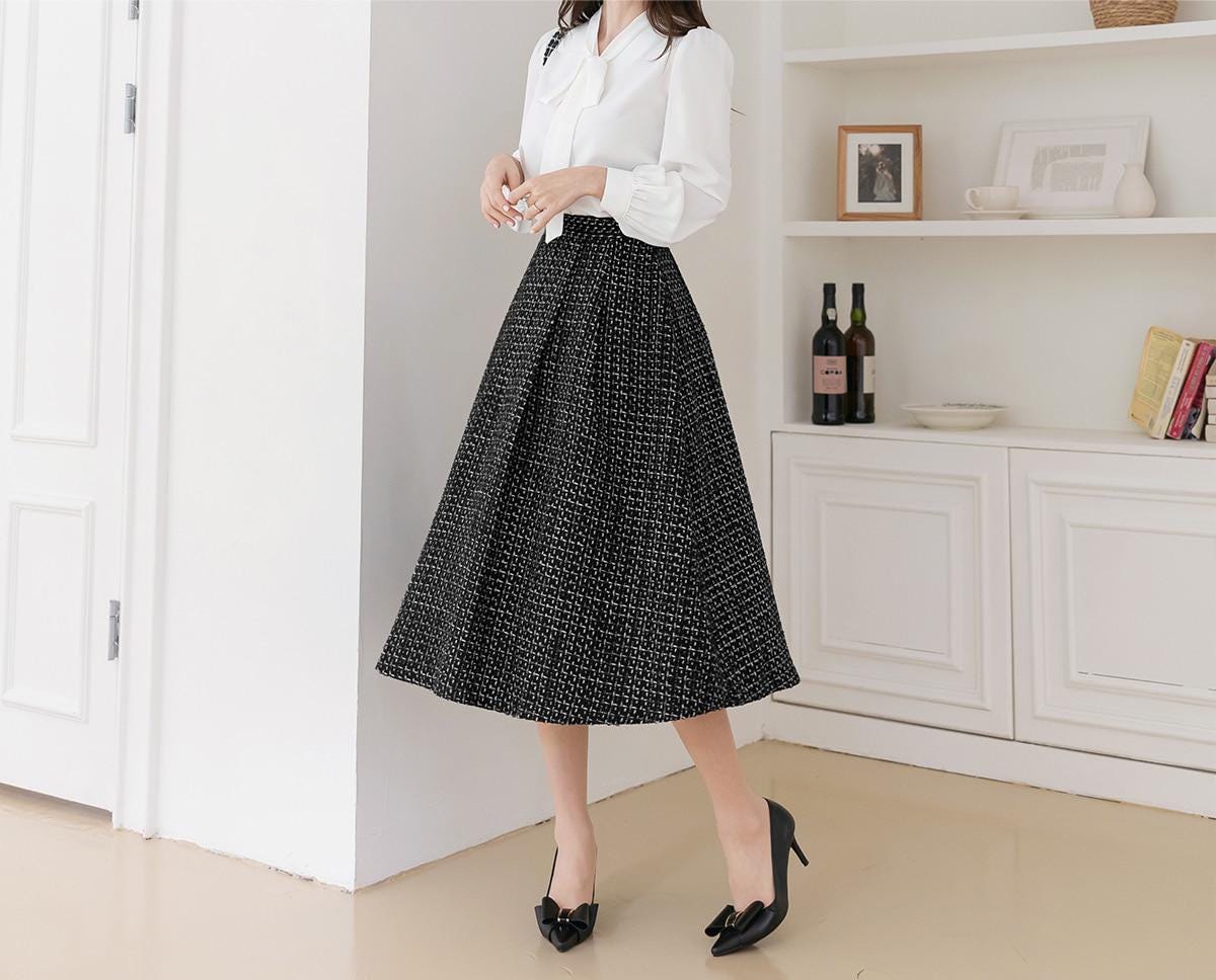 Elegant Feminin Tweed Pin Tuck Flare Skirt / Korean Style Office Look Set Up Skirt / Daily Skirt for Fall to Spring