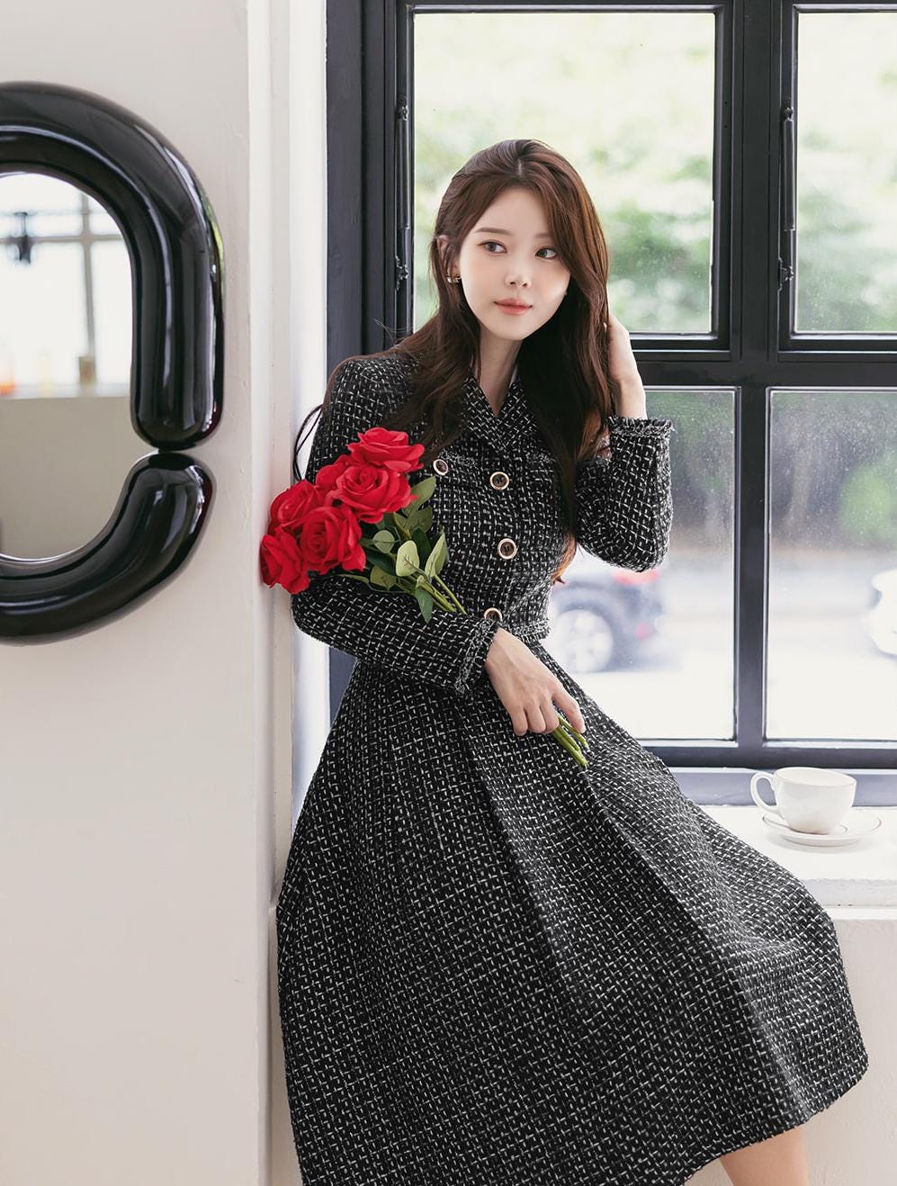 Elegant Feminin Tweed Pin Tuck Flare Skirt / Korean Style Office Look Set Up Skirt / Daily Skirt for Fall to Spring