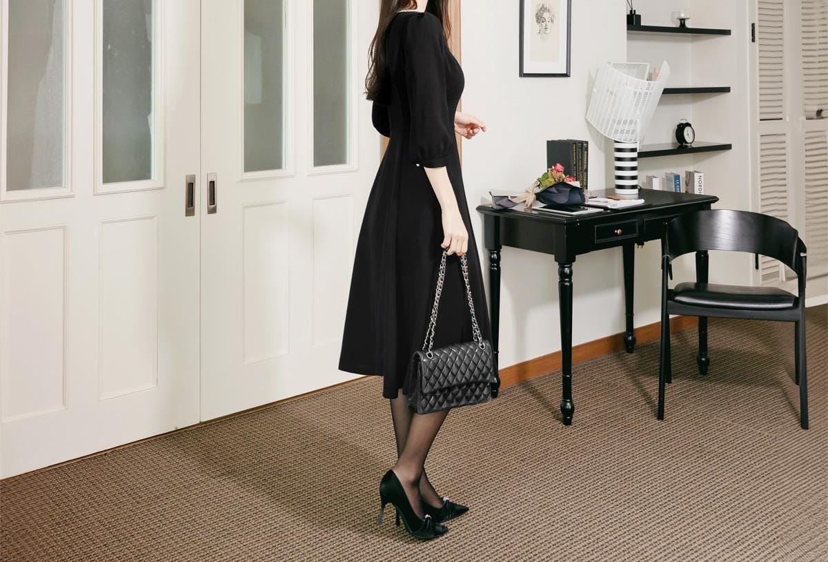 Elegant Square Neck Black Flare Dress / Korean Style Midi Dress / Clasic Simple Flare Dress