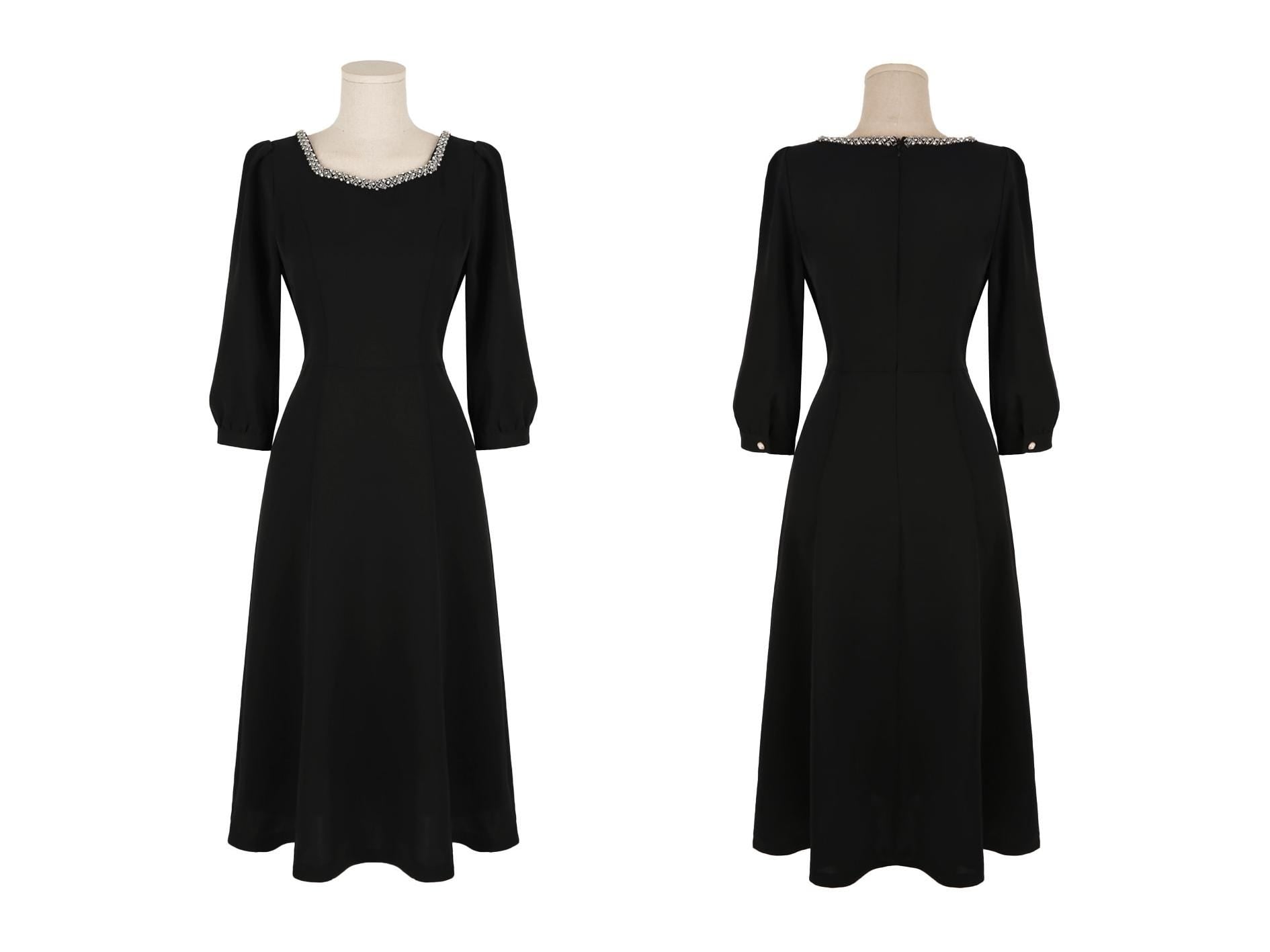 Elegant Square Neck Black Flare Dress / Korean Style Midi Dress / Clasic Simple Flare Dress