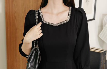 Elegant Square Neck Black Flare Dress / Korean Style Midi Dress / Clasic Simple Flare Dress