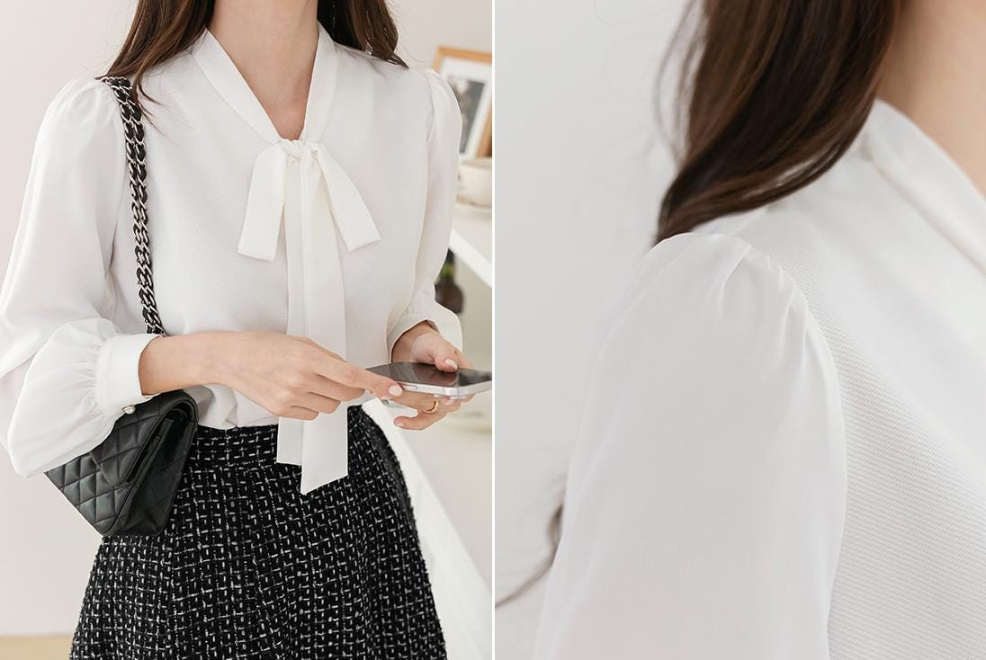 Elegant Feminin Soft Blouse Top with Tie / Korean Style Tie Neck Blouse Top / Office Look Top / Everyday Long Sleeve Blouse