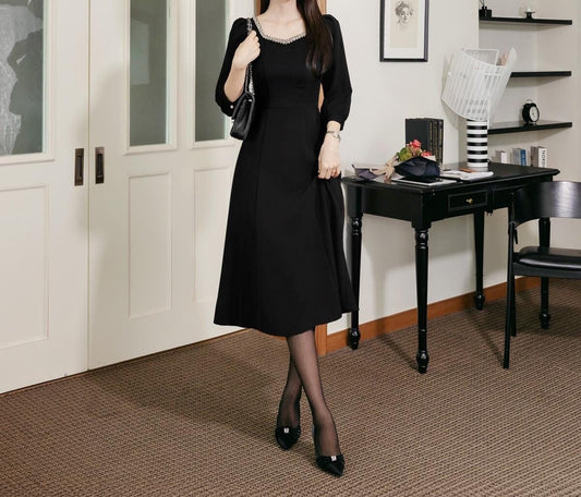 Elegant Square Neck Black Flare Dress / Korean Style Midi Dress / Clasic Simple Flare Dress