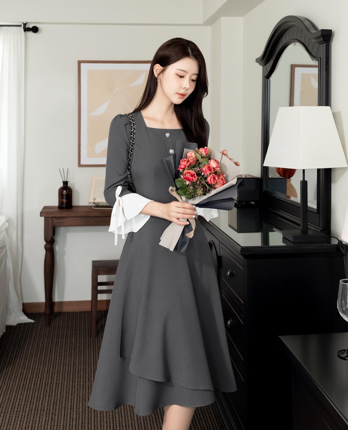 Elegant Cuff Points Square Neck Gray Flare Dress / Korean Style Midi Dress / Clasic Feminin Simple Flare Dress