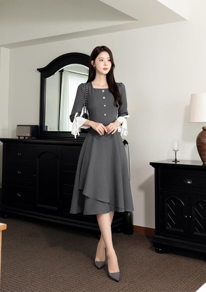 Elegant Cuff Points Square Neck Gray Flare Dress / Korean Style Midi Dress / Clasic Feminin Simple Flare Dress