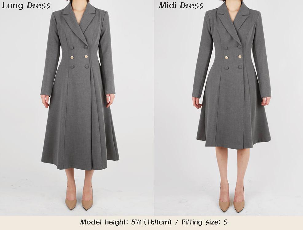 Classic Elegant Feminin Double Breasted Dress / Korean Style Midi Long Dress / Modern Chic Tailored Collar Dress / Jacket Coat Style Dress